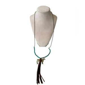 Turquoise & Brown Beaded Leather Fringe Necklace with Cow Pendant Rustic Western